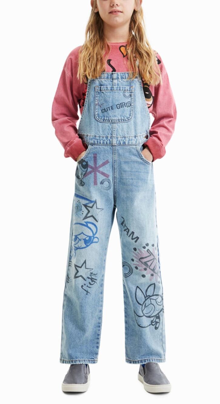 Desigual Overalls Girls 9/10 Powerpuff Girls Denim Blue Cartoon Cute Graphic